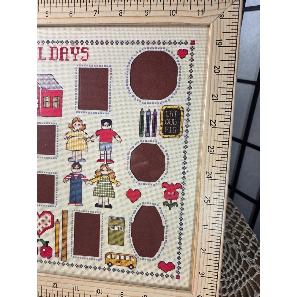 Vintage School Days Cross Stitch cottagecore Prairie Photo Frame Ruler Border